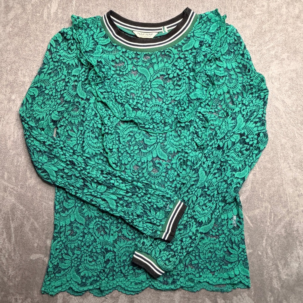 NAF NAF Lace Top Womens 36 Green Sheer Ruffle Striped Trim Long Sleeve Blouse
